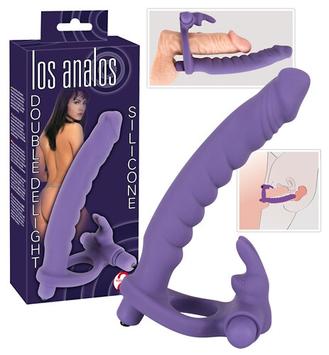 Wibrujący pierścień na penisa z dildo analnym i stymulatorem łechtaczki Double Delight Silicone 583448