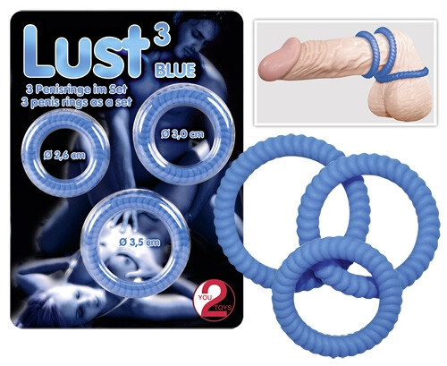 Trzy silikonowe pierścienie erekcji Lust 3 Blue 504300